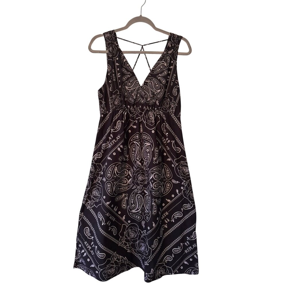 Replay Womens Black & White Paisley Print Sleeveless Midi Dress  Strappy Back